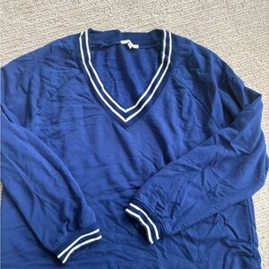 Z Supply Women's Navy V-Neck Sweater with White Stripe Trim.